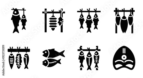 Silhouettes of hanging fish and meat icons for fish market and cuisine designs