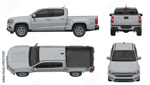 Detailed vehicle autocad blueprint of a modern pickup truck viewed from multiple angles showcasing its sleek design and robust features