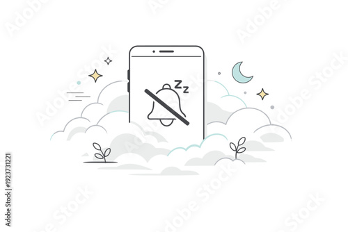 Digital wellness graphics. Smartphone with muted notifications fading into soft clouds and stars, suggesting reduced screen stress. Calm