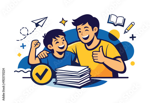 Supportive learning moment. A parent and child smile as homework is finished, completed