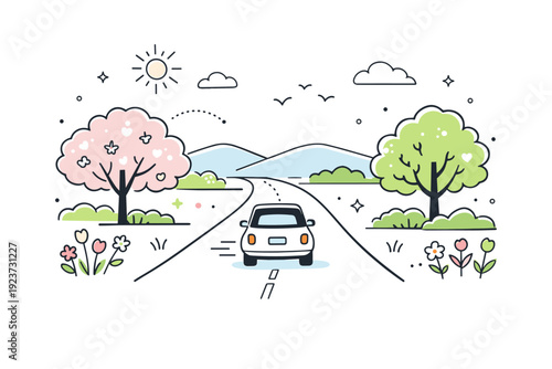 Scenic spring road illustration. Car traveling along a tree-lined countryside road with distant hills and soft pastel sky, calm and cheerful