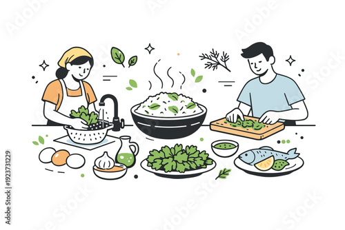Sabzi polo preparation. People washing herbs and arranging ingredients for the classic rice and greens dish. Freshness, tradition, calm