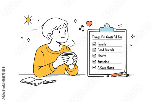 Gratitude practice. Person holding a warm cup and thoughtfully looking at a list of thankful notes. Peaceful moment of mindfulness and appreciation in everyday