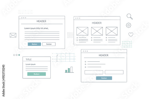 Minimalist UX Wireframe Layout. UI UX wireframe layout. A clean editorial scene showing wireframe screens with placeholders for text and buttons, arranged