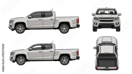 Detailed vehicle autocad blueprint of a pickup truck viewed from multiple angles including side rear and front perspectives