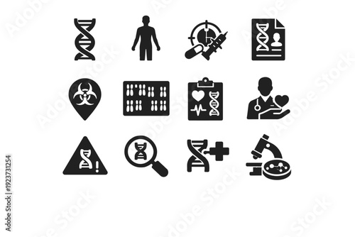 Genomics in Medicine. Solid icon set of Genomics in Medicine: genome helix, human body icon, precision medicine, genetic profile, disease