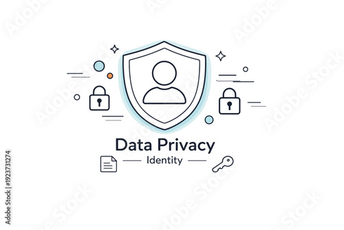 data privacy identity. A person?s profile icon enclosed in a glowing shield, abstract floating dots and locks representing personal data