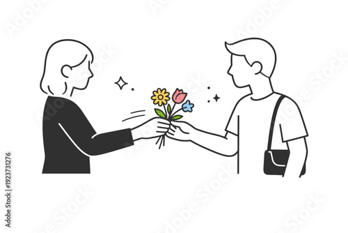 Flowers as everyday gesture in passing. Flowers change hands briefly, gesture quick and unremarkable yet meaningful. Small moment