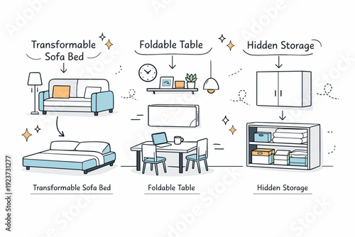Space-saving furniture solutions. A small apartment room with transformable sofa, foldable table, and hidden storage. The illustration