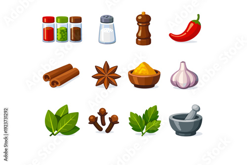 SpicesSeasonings. Colorful flat vector icons set of SpicesSeasonings: spice jars, salt shaker, pepper grinder, chili pepper, cinnamon sticks,