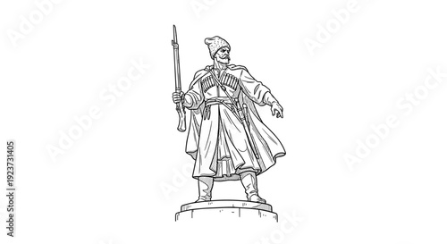 Detailed line art of historical warrior statue in traditional armor