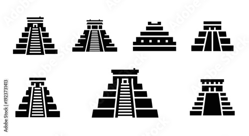 Silhouette collection of ancient pyramid temples in black and white