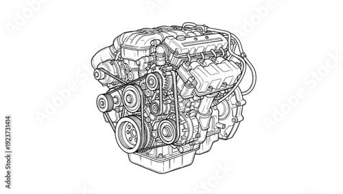 Detailed vehicle autocad blueprint of an engine viewed from the front in a technical illustration