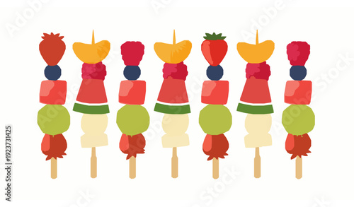 Flat Vector Fruit Canapes on Skewers with Strawberry, Blueberry, Kiwi, and Banana