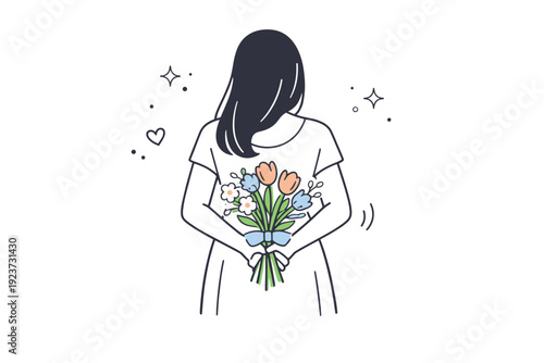 Bouquet Beauty Back. Women photographed from behind with bouquets. Female figure facing away, bouquet held behind her back. Anticipation, tenderness,