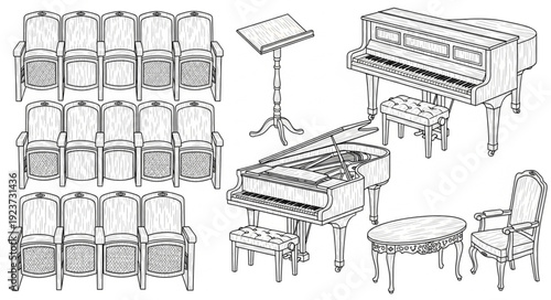 Elegant musical instruments and seating arrangement in a classical setting.