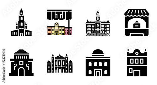 Icon set of historical buildings in modern minimalist style
