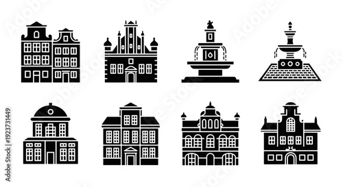 Collection of black silhouette historic buildings and fountains