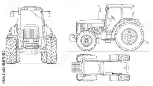 Detailed vehicle autocad blueprint of a tractor from multiple viewpoints showcasing its design and structure