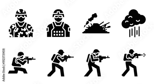 Military silhouette: soldiers and weapons in action