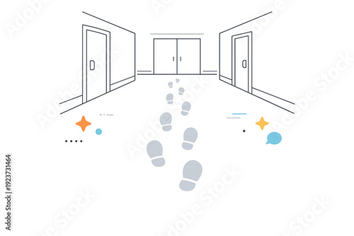 Footprints in Hallway. Footprints on floors. A clean hallway floor with faint footprints leading forward, subtle marks suggesting recent movement. Quiet