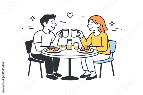 Shared breakfast moments. Two people sitting at a small table, exchanging smiles over simple breakfast plates. The mood highlights warmth,