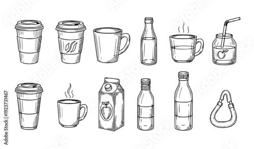 Hand-Sketched Coffee Cups and Beverage Container Icons Vector