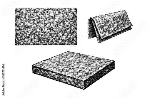 Stipple texture rough fiber A stipple rough fiber texture sample is illustrated as one object shown from three different views: flat front