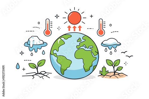 Climate change. Editorial scene showing a simplified globe with rising temperature icons, melting ice shapes, and small plants adapting