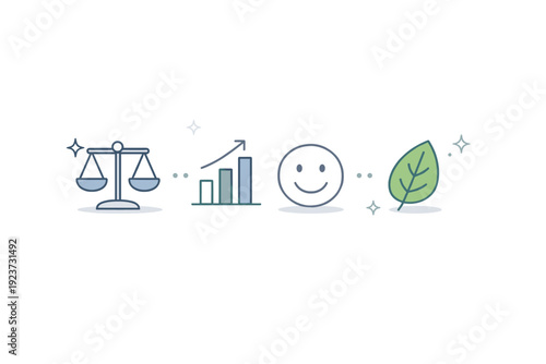 Balanced success metrics. Minimal icons like scale, bar chart, smiley face, and leaf arranged in a clear layout, symbolizing human-centered