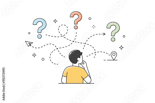 Calm uncertainty concepts. Figure looking at floating question marks and abstract dotted lines leading in different directions. Visual