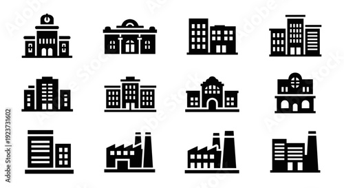 Silhouette icons of urban and industrial buildings in simple black design