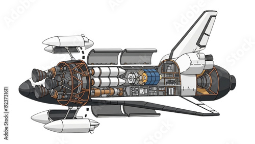 Detailed vehicle autocad blueprint of space shuttle with internal components and structure