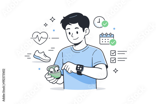 Wearable technology. A character checking a smartwatch while holding wireless earbuds, feeling organized and informed. Scene conveys health
