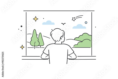 Nature observation break. A person looking out a window at trees and sky, subtle floating stars and abstract shapes accentuating calm and