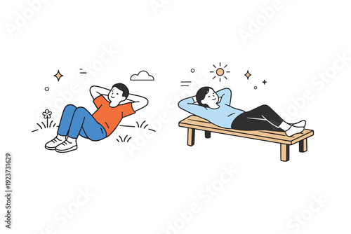 People resting without activity outdoors. Someone lies on grass or a simple bench, arms behind head, doing nothing at all. Peaceful moment of pause and