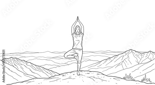 Yoga pose on mountain peak: woman practicing tree pose amid serene outdoor landscape