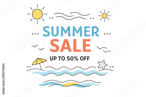 Summer sale poster. Sun icons, gentle waves, and abstract heat lines creating a relaxed summer atmosphere. Clean promotional scene suggesting