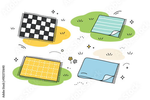 Blankets on still-cool grass. Abstract top-down view of blankets on patchy grass shapes. Seasonal texture and softness contrasted with early spring ground.