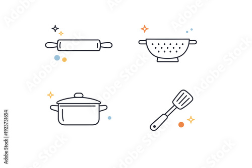 Minimal cooking tools symbols. A simplified icon set featuring line-based depictions of a rolling pin, colander, pot, and spatula. The mood