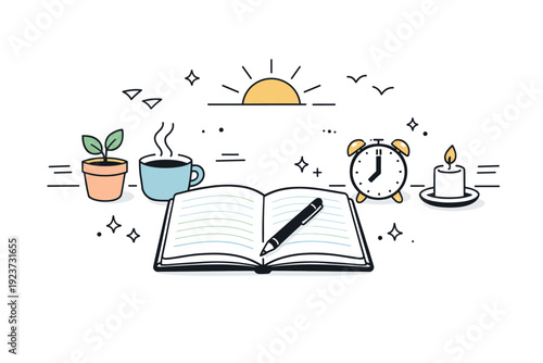 Daily journaling aesthetics. A calm morning scene with an open notebook on a desk, pen resting on the page, soft sunlight and quiet focus,