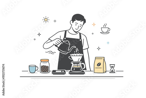 Pour-over coffee setups. A calm barista preparing pour-over coffee on a minimal counter, slow brewing process and focused morning ritual.