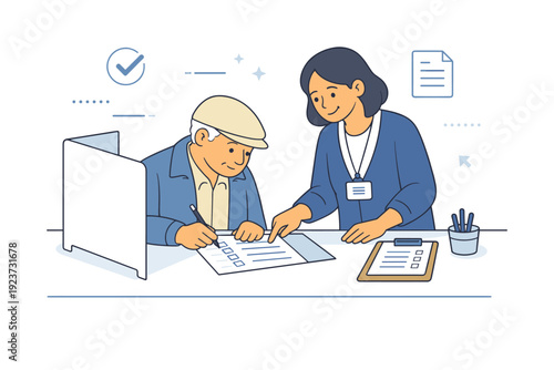 Voting with assistance. A poll worker calmly helping a voter fill out a ballot while maintaining privacy and dignity. Supportive interaction