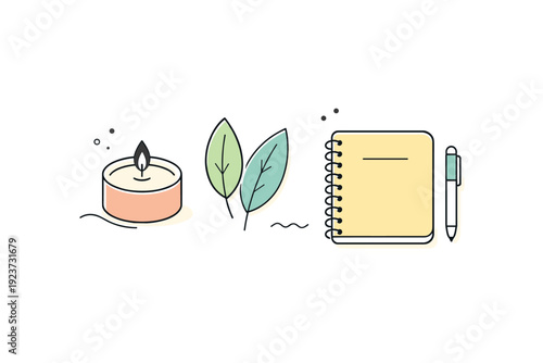 Mindful lifestyle concept without people. A calm flat lay scene with a candle, plant leaves, and a notebook arranged with plenty of white