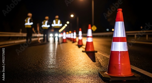 Workers with reflective vests standing near traffic cones on a wet road at night