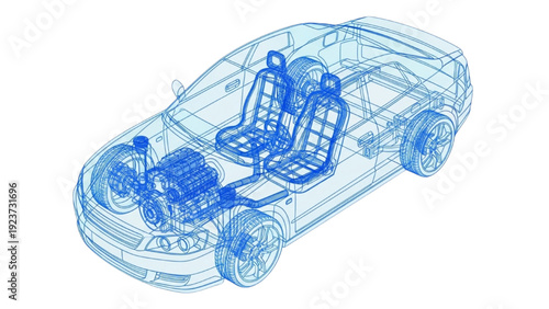 Detailed vehicle autocad blueprint of a car displayed from an isometric view showcasing its internal structure and components