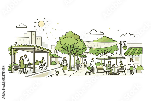 Urban heat mitigation shaded streets. City streets with trees, canopies, and shaded pedestrian areas protecting people from heat. The atmosphere feels safe,