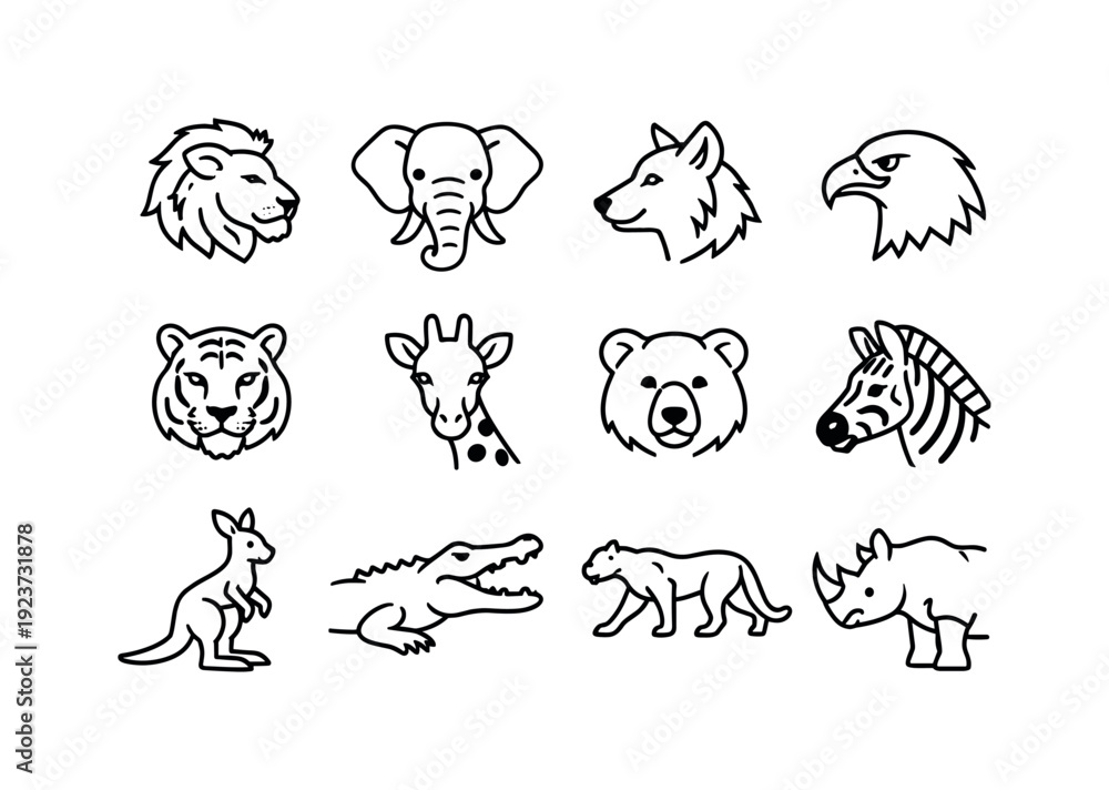 Fototapeta premium Wildlife photography. Line outline icon set of wildlife photography: lion, elephant, wolf,