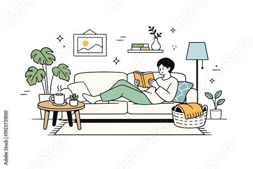 Modern slow-life aesthetics. A relaxed afternoon scene with a person reading on a sofa, plants and soft textiles creating a cozy modern atmosphere. Quiet