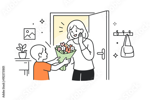 Mothers receiving flowers at home. Mother receives flowers while standing in a doorway, light coming from inside the room. Unexpected
